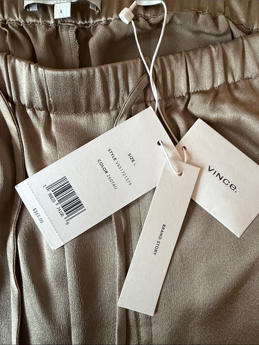 NWT: Vince Satin Wide Leg Drawstring Pants - Olive Taupe - Size Large - Picture 3 of 6
